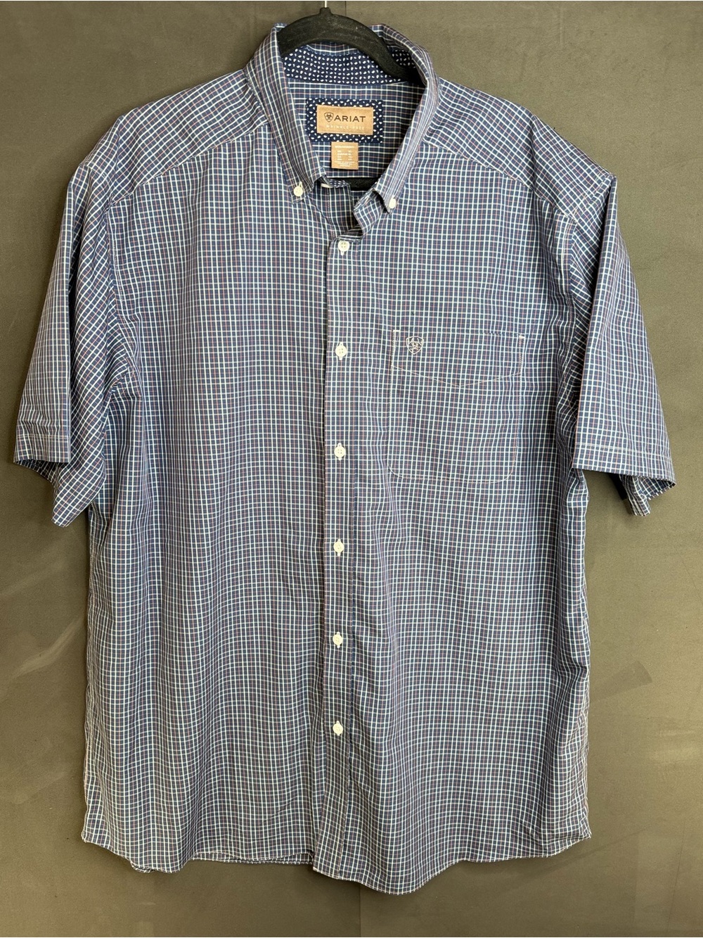 Ariat Shirt Mens XL Wrinkle Free Blue Plaid Button Down Short Sleeve